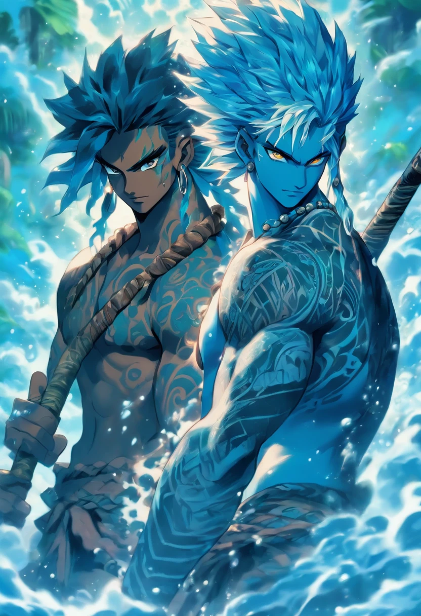 A young handsome blue skinned male couple water genasi with wet blue hair, light blue eyes, Polynesian tribal tattoos, and wielding a spear. High detail. Digital fantasy art.