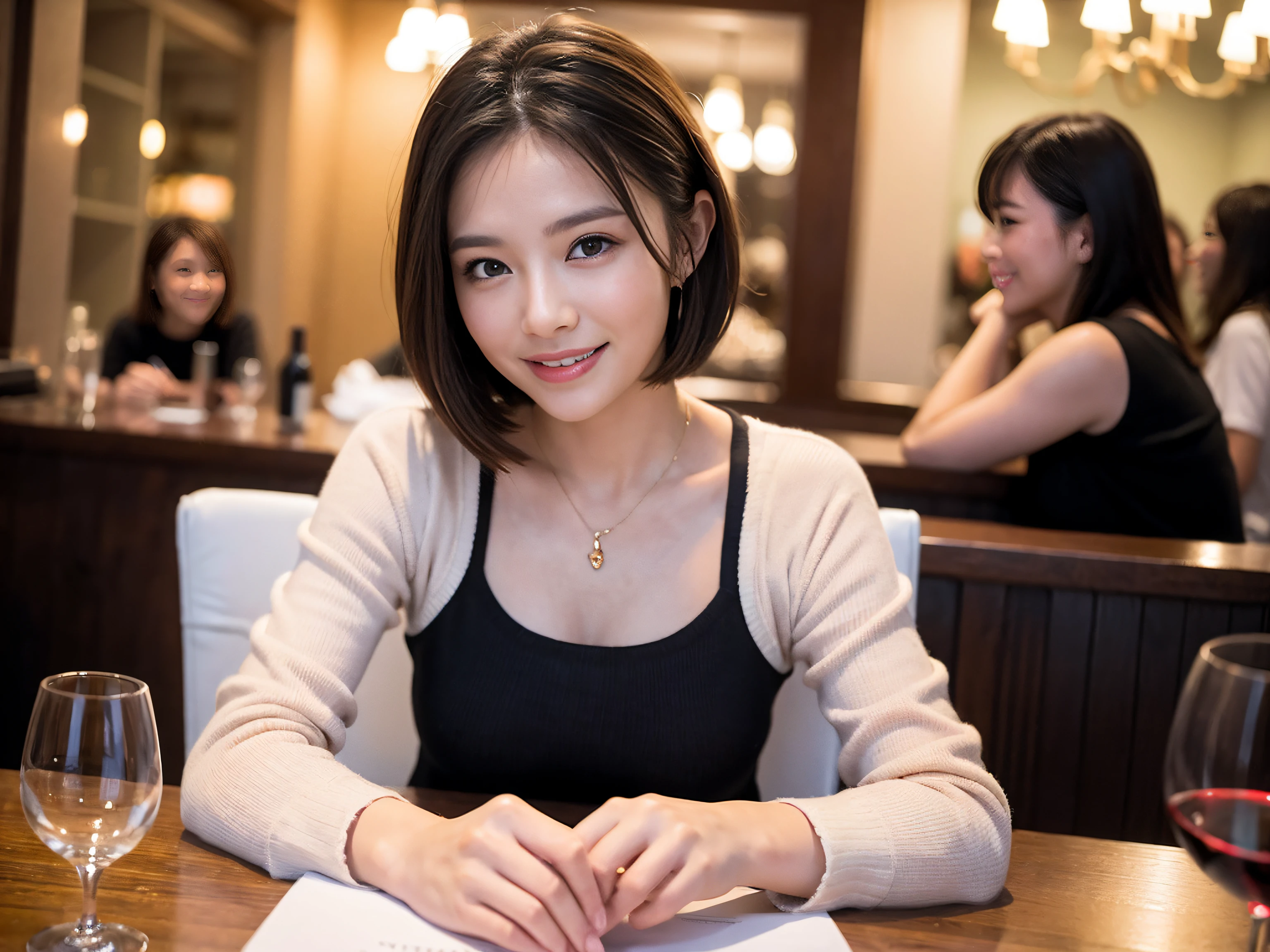 ((Highest quality、8k、masterpiece:1.3))、slimカップル、modelカップル、(Realistic, Intricate details:1.2), full-course dinner、wine 、Amazing view of the sunset sky and clouds、A bright smile、The wonderfulness of smile、Bright image、wineの美しさ, Beautiful Face, blue eyes, The light shines on your face, blush, short hair,Bright Face、 (Age 45), 48 years old, 赤wine 、Appetizers、Italian food、wine bottle、Champagne、スパークリングwine、Two beauties、Brown Hair、Shortcuts、Long sleeve shirt、dress、Beautiful woman 1, (slimな顔), (The body is slim), (Brown Hair), (Shortcuts), cheeks turn a little red,Attractive beauty、restaurant, In a prominent place (From the waist up) Nova Frog Style, actress, model, Upper Body, 白wine, slim, wineグラス, 中央に置かれたwineグラス, smile, (smile: 1.15), Beautiful fine grain, Depth f/2,saturation, High Contrast, Strong light and shadow,Moist Body:1.5、3D texture、Delicate eyes、Brown Hair、The hair is very shiny、