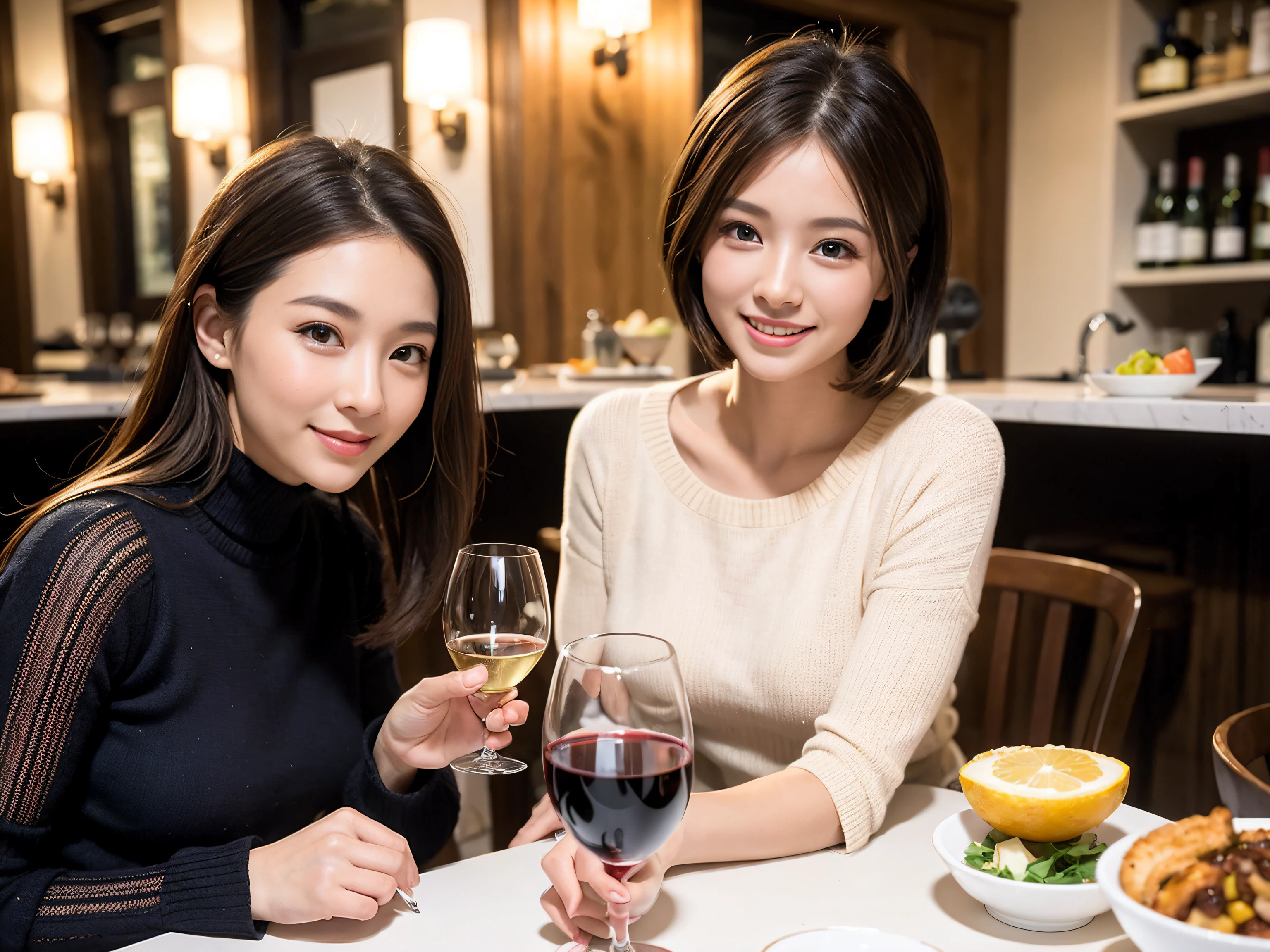 (64k uhd、nffsw、top-quality、masterpiece:1.2)、(realisitic、Photorealsitic:1.37)、ultra-detailliert、wine glasses、enjoying a glass of wine、a matural female、Two cute women、(Slim Faces)、(Slim body)、(brawn hair)、(short-cut)、smiling french woman、happy italian girl、British woman、Americana、blush a little on the cheeks、(38 years)、40 years、red wine、Beautiful detailed urban night view outside the window、resturant、Wine glasses in a prominent place、natta、(from waist up)、sitting on、date、(A smile:1.15)、Beautiful fine eyes、bustup、Cashmere sweater、long-sleeved dresses、japanes、(short-hair:1.2)、Float NovaFrogStyle、女優、modeled、from waist up、white wine、Slimed、wine glasses、Super beautiful night view、Put the wine glass in the middle、Happy smile、(8K、Raw photography、top-quality、masterpiece:1.2)、(realisitic、Photorealsitic:1.37)、ultra-detailliert、超A high resolution、2 females、see the beholder、beautifull detailed face、A smile、Constriction、(Slim waist) :1.3)、knit shirt、Beautiful detailed skin、Skin Texture、floated hair、profetional lighting、middlebreasts、eyes gentle