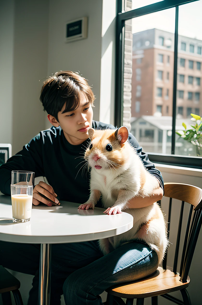 The animal hamster was sitting next to a glass of milk, hamster drinking milk, Illustration of one hamster, hamster wearing pants, hyperrealistic illustrations, hyperrealistic illustrations, hyperrealistic illustrations, hamster. Realistic painting, surreal illustration, Award-winning surreal work,