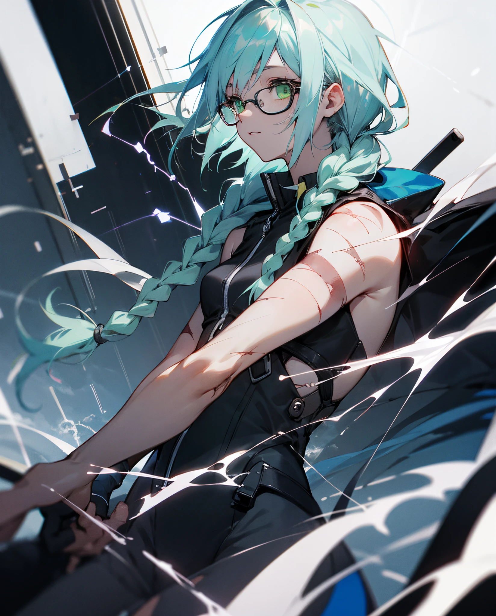 Personagem de manga, de 1,78 metros de altura, green eyes with glasses, several scars spread across the body, hair with braids and lightning powers