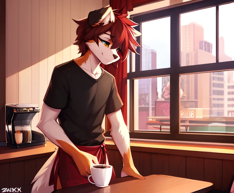 anthro,(feminine) male, Australian shepherd, wearing baggy pants and black t-shirt+, cafe hotel, window view, serving coffee, green and red apron, by Zackary911, by Wizzkit, by anixs, detailed feminine male body, high quality, anatomically correct, detailed face, fluffy hair, detailed background, masterpiece, 4k hd, cg, cafe and rest, sleepy mood