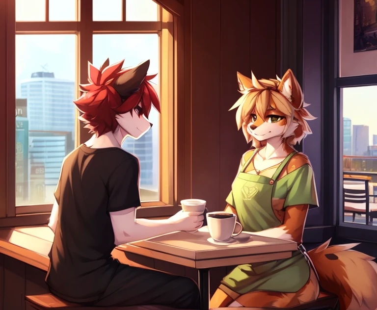 anthro,(feminine) male, Australian shepherd, wearing baggy pants and black t-shirt+, cafe hotel, window view, serving coffee, green and red apron, by Zackary911, by Wizzkit, by anixs, detailed feminine male body, high quality, anatomically correct, detailed face, fluffy hair, detailed background, masterpiece, 4k hd, cg, cafe and rest, sleepy mood