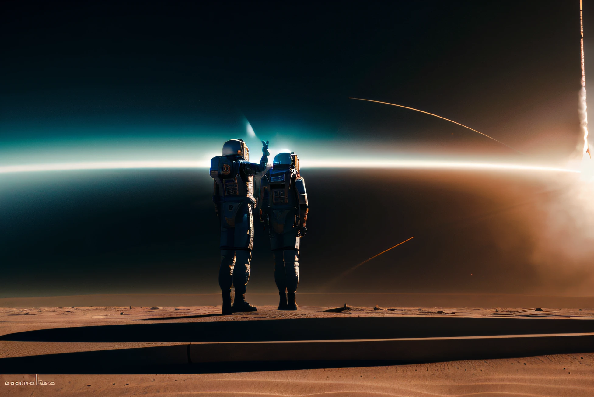 Advanced rocket lands on Mars, sense of science and technology, Astronauts waving on the rocket, Metallic, wave a hand at the camera, Bright picture, different devices, Futuristic, Large aperture close-up, Master of photography, Factory machine details, ultra-wide-angle, High realism , Light and darkness