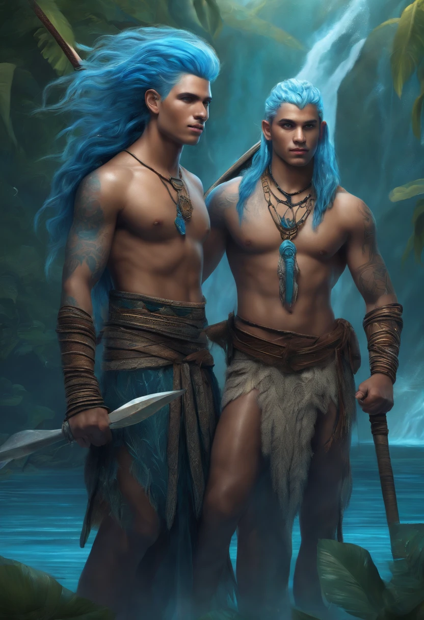 A young handsome blue skinned male couple water genasi with wet blue hair, light blue eyes, Polynesian tribal tattoos, and wielding a spear. High detail. Digital fantasy art.