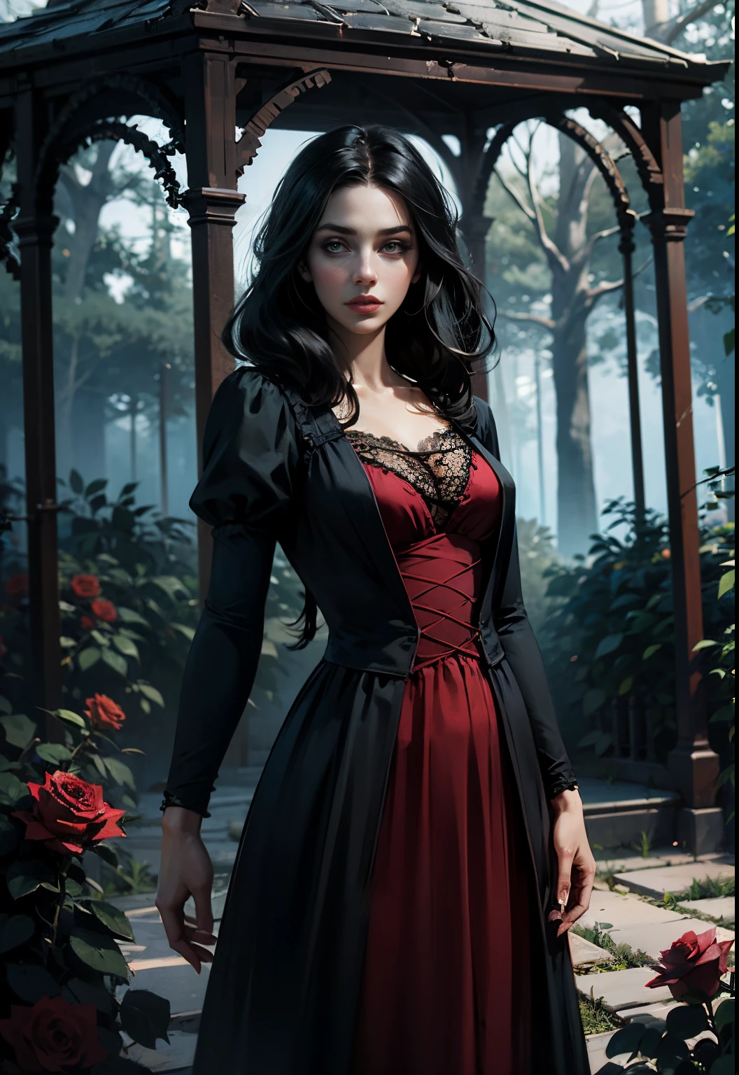 Dark fantasy, gloomy, scary, rose bushes, roses everywhere, light, forest, ruined gazebo, German appearance, a girl of 23 years old, with long black hair, in a simple red dress of the 16th century, looks like Adelaide Kane. hd, dark fantasy.