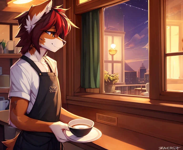 anthro,(feminine) male, Australian shepherd, wearing baggy pants and black t-shirt+, cafe hotel, window view, serving coffee, green and red apron, by Zackary911, by Wizzkit, by anixs, detailed feminine male body, high quality, anatomically correct, detailed face, fluffy hair, detailed background, masterpiece, 4k hd, cg, cafe and rest, night, moonlight through window
