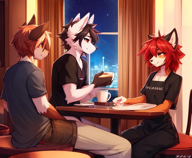 anthro,(feminine) male, Australian shepherd, wearing baggy pants and black t-shirt+, cafe hotel, window view, serving coffee, green and red apron, by Zackary911, by Wizzkit, by anixs, detailed feminine male body, high quality, anatomically correct, detailed face, fluffy hair, detailed background, masterpiece, 4k hd, cg, cafe and rest, night, moonlight through window