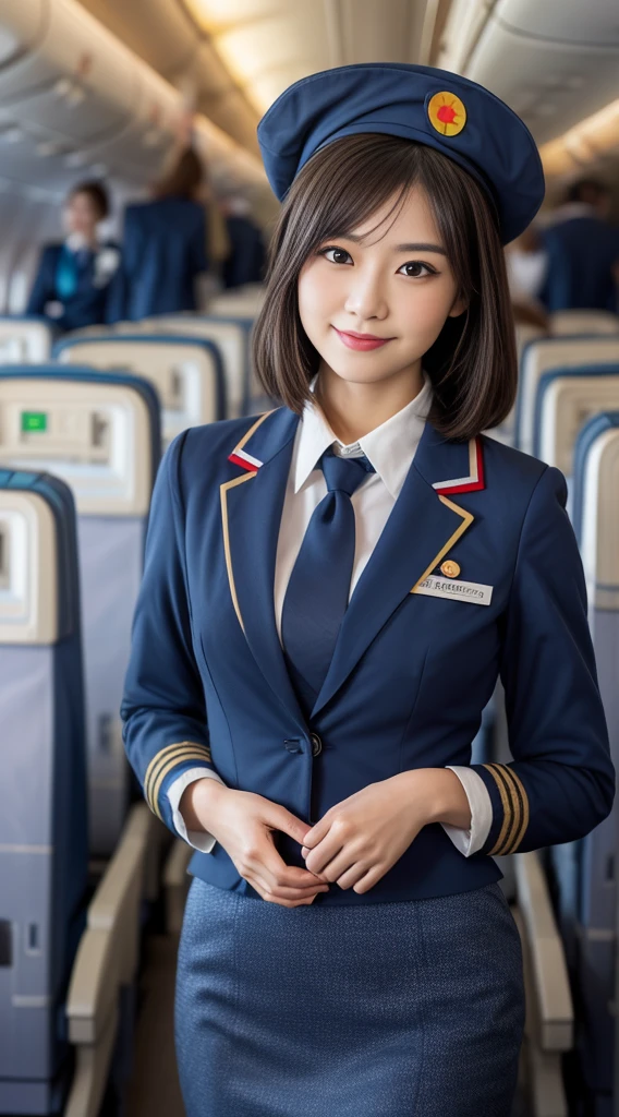 one Japanese woman, Solo, 30-years old, hyperdetailed face, Detailed lips, A detailed eye, Double eyelid both eyes, fluffy brown eyes, (Black bob hair, Like an airplane stewardess, Do a good job), (Like an airplane stewardess:1.2), (Do a good job:1.2), (Dark blue one-color stewardess uniform:1.4), (Wear a small cute little stewardess hat:1.2), (Modest smile:1.2), Perfect image realism, Background with: (Business Class aisle on airplanes:1.2), Meticulous background, detailed costume, Perfect litthing, Hyper-Realism, (Photorealistic:1.4), 8K maximum resolution, (masterpiece), Highly detailed, Professional