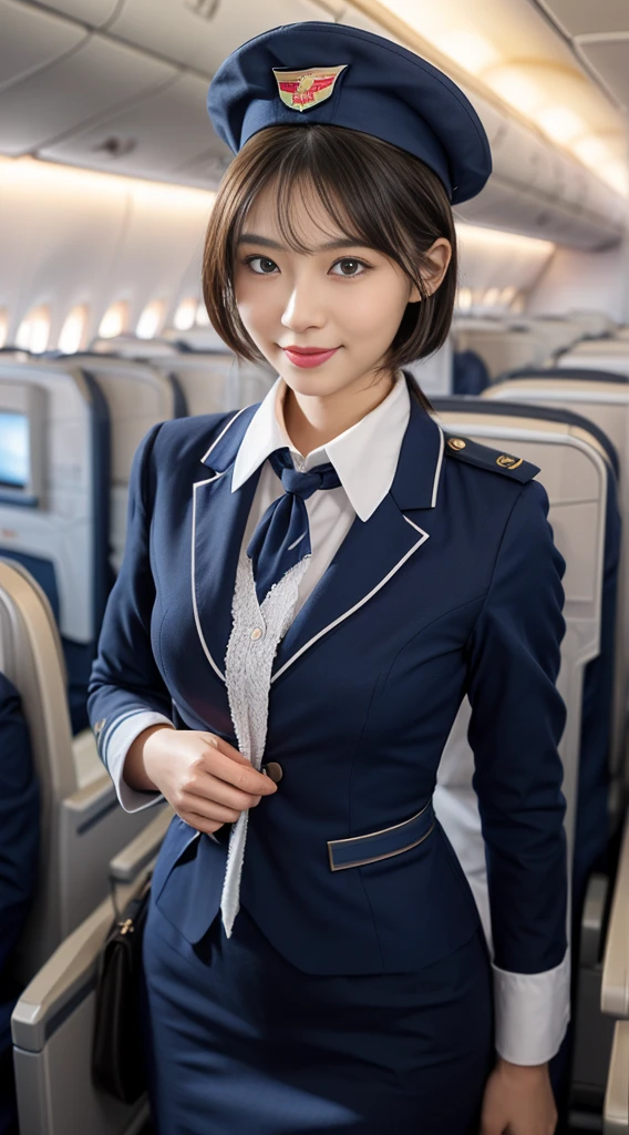 one Japanese woman, Solo, 30-years old, hyperdetailed face, Detailed lips, A detailed eye, Double eyelid both eyes, fluffy brown eyes, (Black bob hair, Like an airplane stewardess, Do a good job), (Like an airplane stewardess:1.2), (Do a good job:1.2), (Dark blue one-color stewardess uniform:1.4), (Wear a small cute little stewardess hat:1.2), (Modest smile:1.2), Perfect image realism, Background with: (Business Class aisle on airplanes:1.2), Meticulous background, detailed costume, Perfect litthing, Hyper-Realism, (Photorealistic:1.4), 8K maximum resolution, (​masterpiece), Highly detailed, Professional