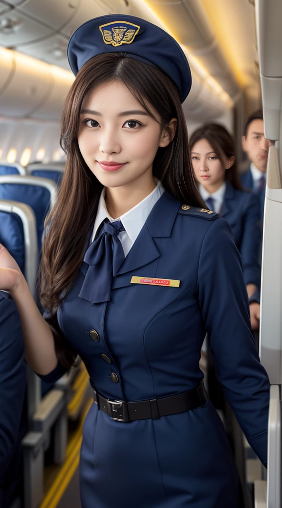 one Japanese woman, Solo, 30-years old, hyperdetailed face, Detailed lips, A detailed eye, Double eyelid both eyes, fluffy brown eyes, (Black bob hair, Like an airplane stewardess, Do a good job), (Like an airplane stewardess:1.2), (Do a good job:1.2), (Dark blue one-color stewardess uniform:1.4), (Wear a small cute little stewardess hat:1.2), (Modest smile:1.2), Perfect image realism, Background with: (Business Class aisle on airplanes:1.2), Meticulous background, detailed costume, Perfect litthing, Hyper-Realism, (Photorealistic:1.4), 8K maximum resolution, (masterpiece), Highly detailed, Professional