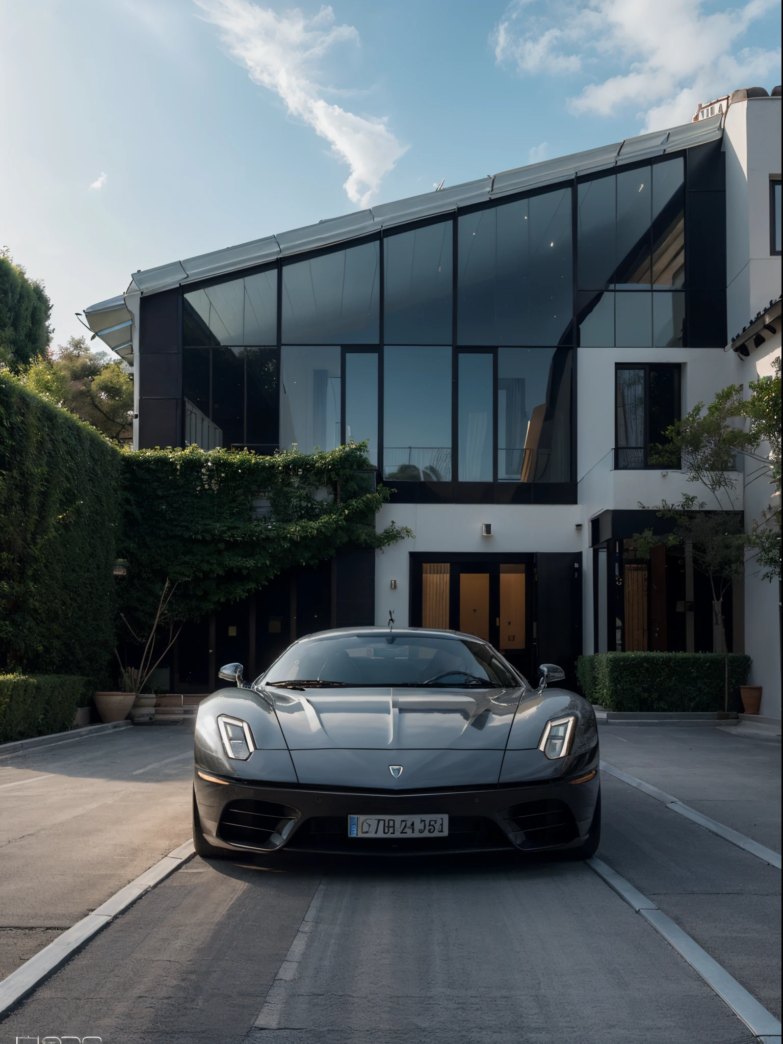 mediteranian style house, ((glass house with a sloping roof)), (parking, super car: 1.2), modern mansion, dynamic (RAW photo, real, best quality, masterpiece:1.2), (hyper realistic, photo-realistic:1.2), high quality, (bright lighting:1.2), perfect lighting, archdaily, daytime