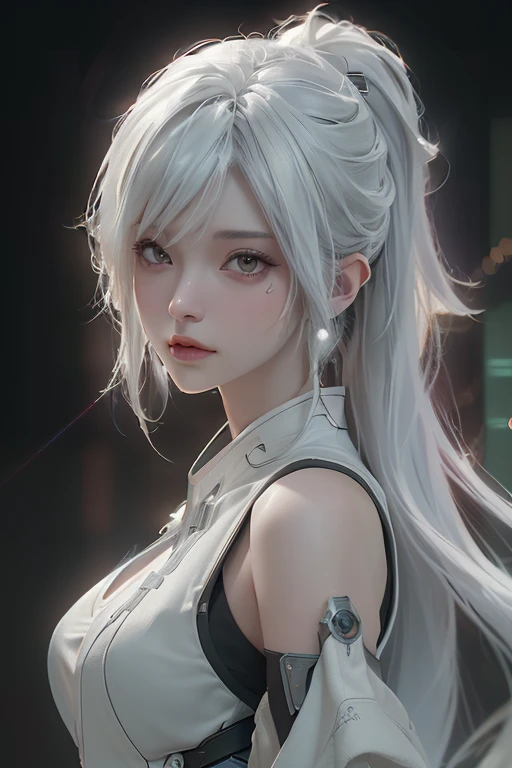 (Best Quality), ((Masterpiece), (Detail: 1.4), 3D, A Beautiful Cyberpunk Woman, HDR (High Dynamic Range), Ray Tracing, NVIDIA RTX, Super-Resolution, Unreal 5, Subsurface Scattering, PBR Textures, Post-Processing, Anisotropic Filtering, Depth of Field, Maximum Sharpness and Clarity, Multi-layer Textures, Albedo and Highlight Maps, Surface Shading, Precise simulation of light-material interactions, perfect proportions, Octane Render, two-color light, large aperture, low ISO, white balance, rule of thirds, 8K RAW, white hair