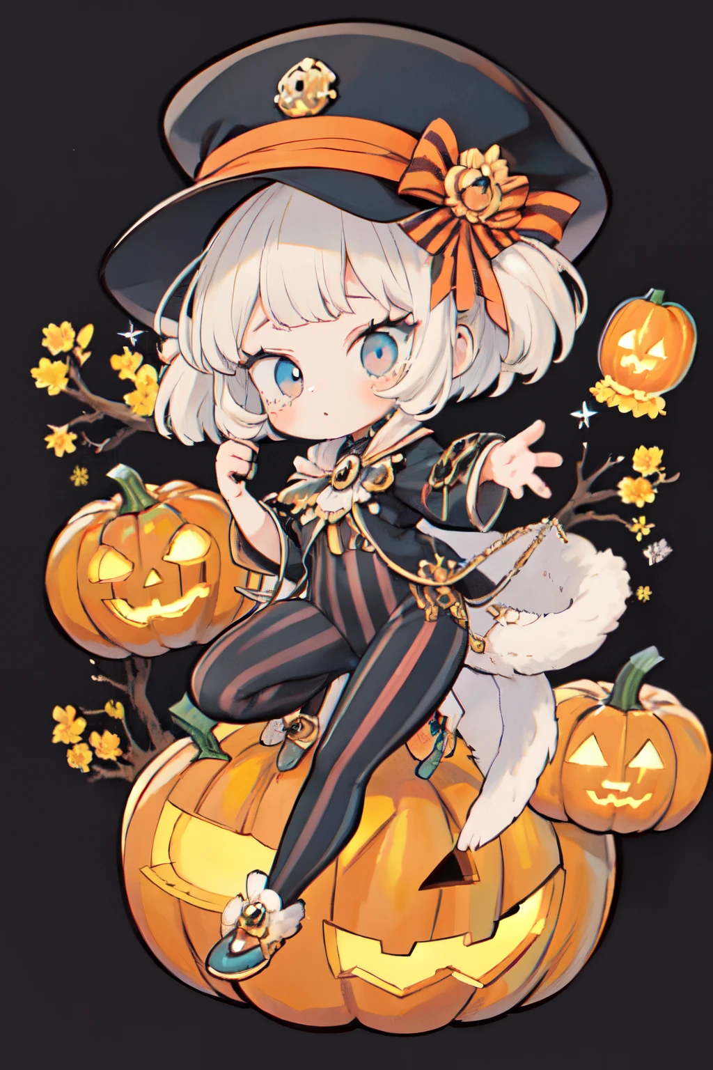 1girl, cute, halloween, pumpkin, pattern, blue cat, striped hat, stripe leggings, fullbody, design, character design, visual dev, adopt, adoptable art, deviantart, da, cute chibi