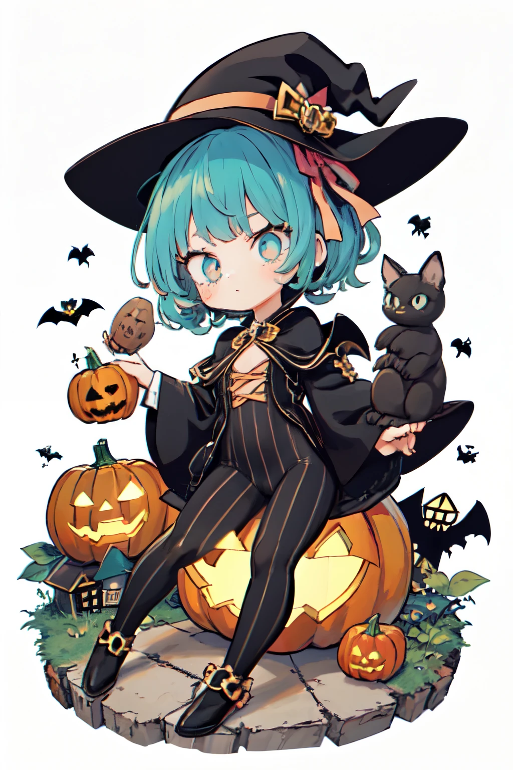 1girl, cute, halloween, pumpkin, pattern, blue cat, striped hat, stripe leggings, fullbody, design, character design, visual dev, adopt, adoptable art, deviantart, da, cute chibi