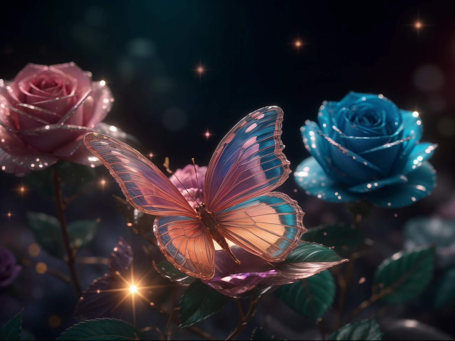 crystal fantasy, roses, fulcolor, toe up, Countless crystal wings soar in the air,
Fantasy, Galaxy, Transparent, Shallow depth of field, Jade Bokeh, glinting, glinting, Stunning, colourfull,
magical photography, Dramatic Lighting, photorealisim, Ultra Detail, 4K, degrees of freedom, High resolution