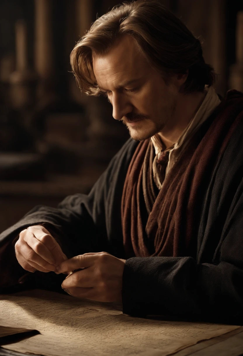 A photo of Remus carefully dissecting a tattered old scroll filled with ancient runes and symbols, his brow furrowed in concentration,Harry Potter and the Prisoner of Azkaban,Remus has light brown hair, wears shabby robes, and has a claw scar across his face. Famously portrayed by David Thewlis, male