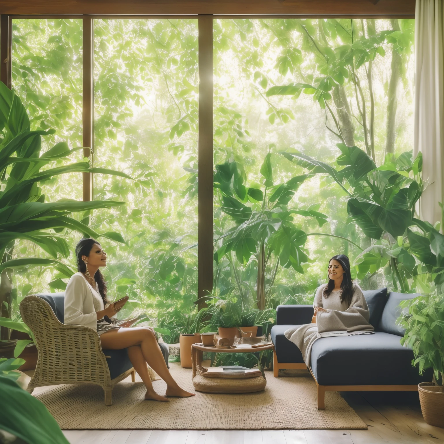(a beautiful Malay woman watching TV),highres,HD,realistic,portrait,soft lighting,modern living room,relaxing atmosphere,comfortable sofa,cozy blanket,fancy remote control,remote control in hand,surrounded by plants,green plants,large window,natural light,refreshing ambiance,serene expression,contented smile,fashionable outfit,stylish earrings,natural makeup,lush greenery,nice view,outdoor scenery on TV,crystal clear screen,lifelike colors,vivid images,cold drink on the coffee table,snacks nearby,peaceful evening,soft music playing in the background