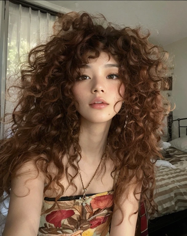 there is a woman with long curly hair posing for a picture, curly bangs, long messy curly hair, big hair, Jennie from balckpink, brown curly hair, long brown puffy curly hair, curly copper colored hair, with long curly hair, wild ginger hair, messy curly hair, curly hair, curly haired, frizzy hair, with curly red hair, sexy look.