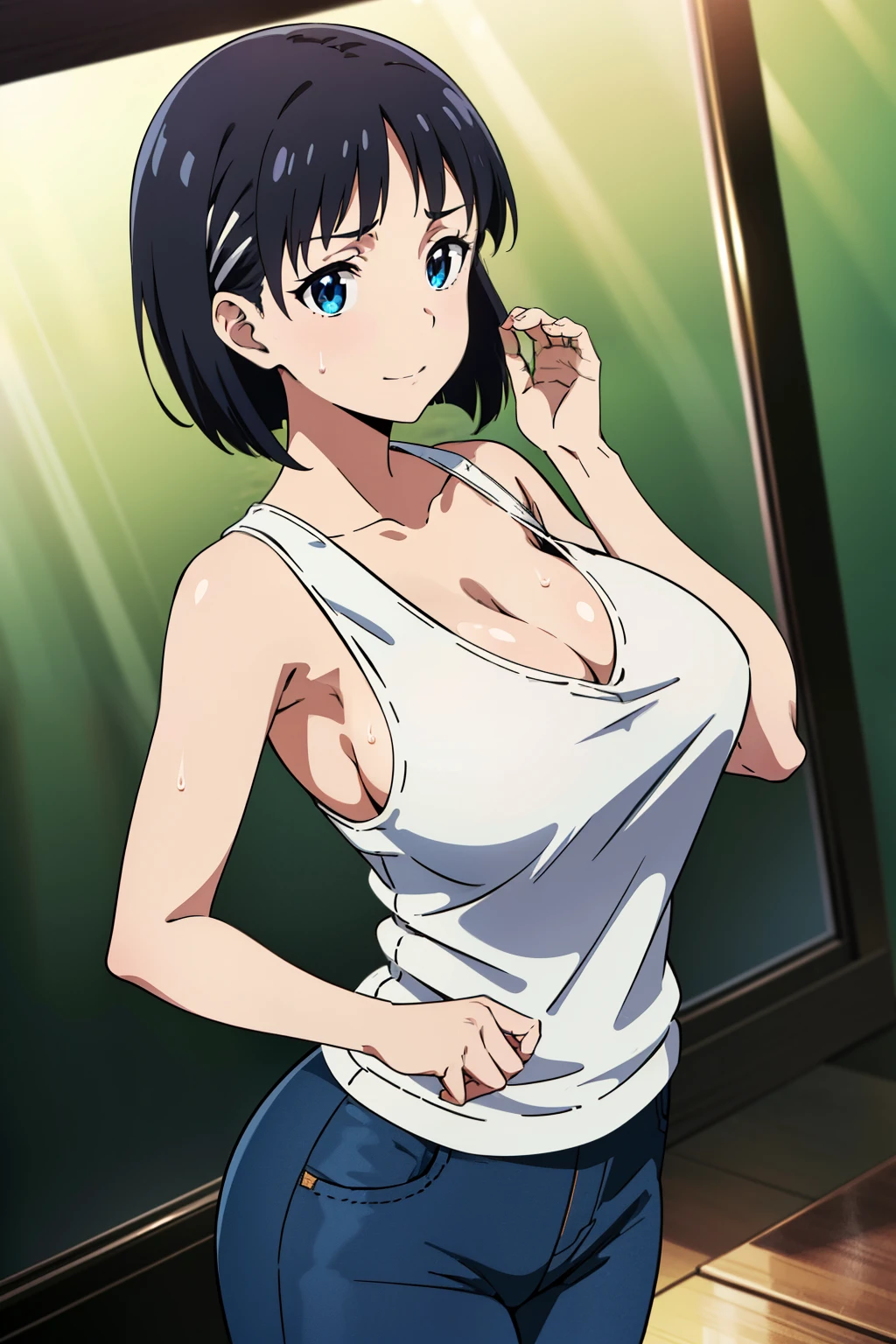 ((masutepiece, Best Quality, High resolution, extremely detailed 8K, Beautiful girl with a slender body, Ultra HD, Ultra-detailed, anime screen cap:1.3, anime colours:1.2)), suguha, (1girl in), (Black hair, bob cuts), (Lower your hands forward:1.5), facing at camera, lightsmile, (beautifull detailed face, Beautiful detailed eyes), (Huge breasts: 1.2), (White tank top, Thin material), Slightly upright , cleavage, Dark Jeans Shorts, Cowboy Shot, Sweat, (Sunlight)