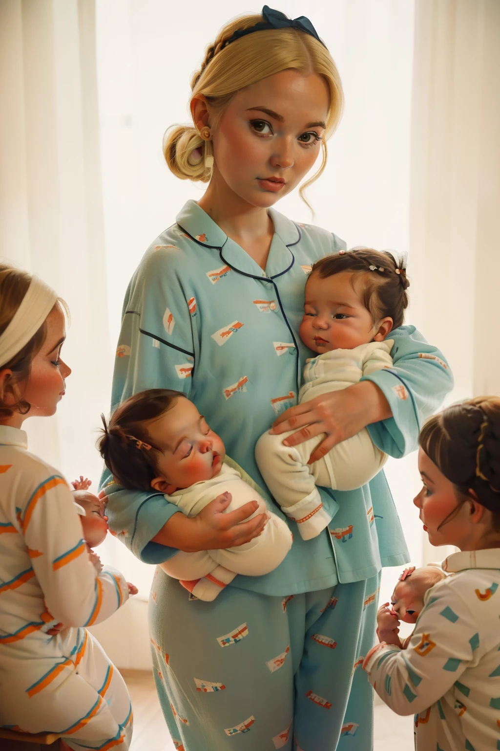 1966, Dubuque, Iowa. norwegian-irish woman, ((((holding twin babies)))) , ((((pyjammas from the 1960s)))), ((Hairstyle of the 1960s)), ((Wes Anderson cinematic style)), colorful