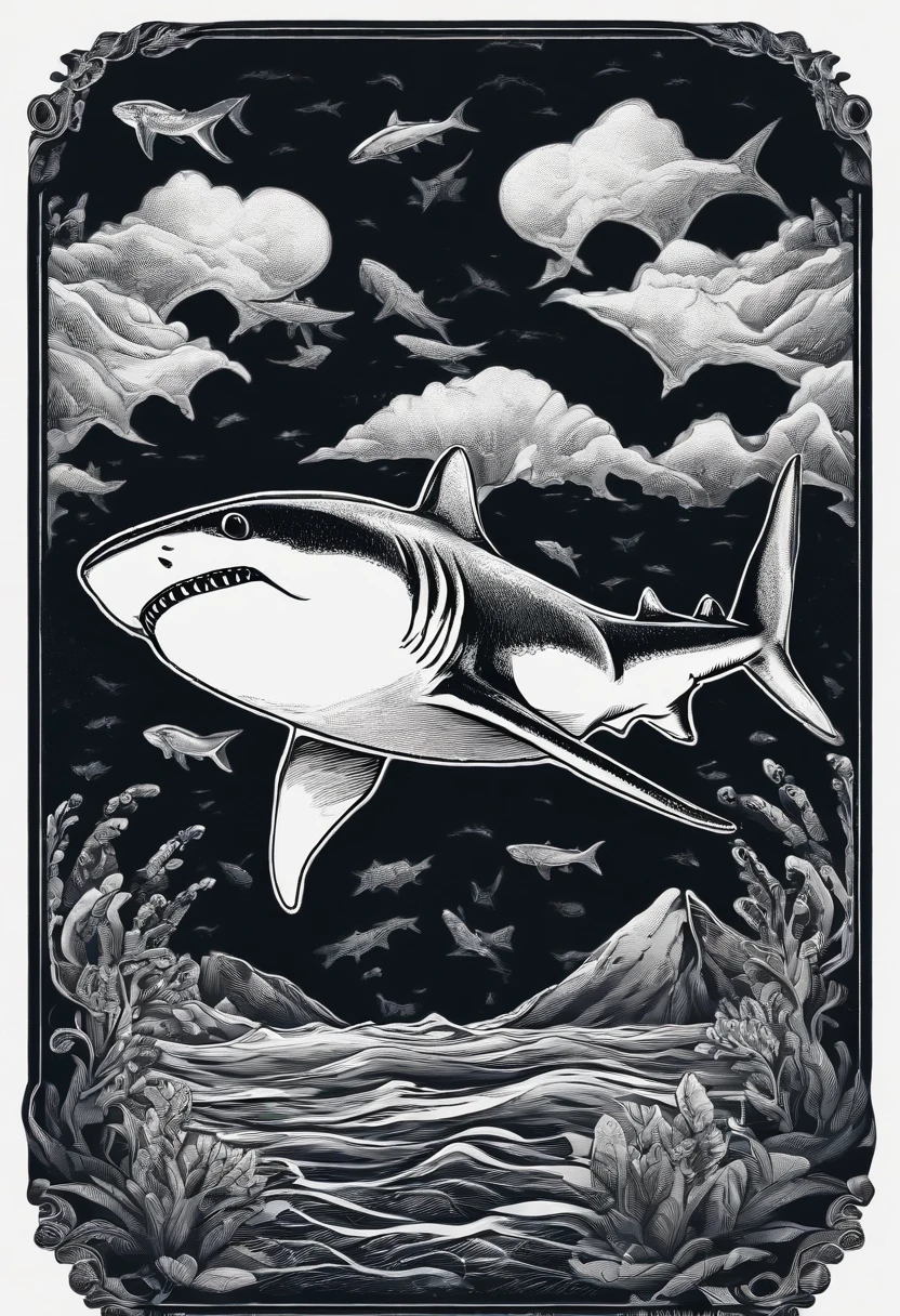 /Imagine Prompt: Shark illustration for a sticker with black background, en negrita, bordes dentados, Trashcore, sombreado claro --v 5.2