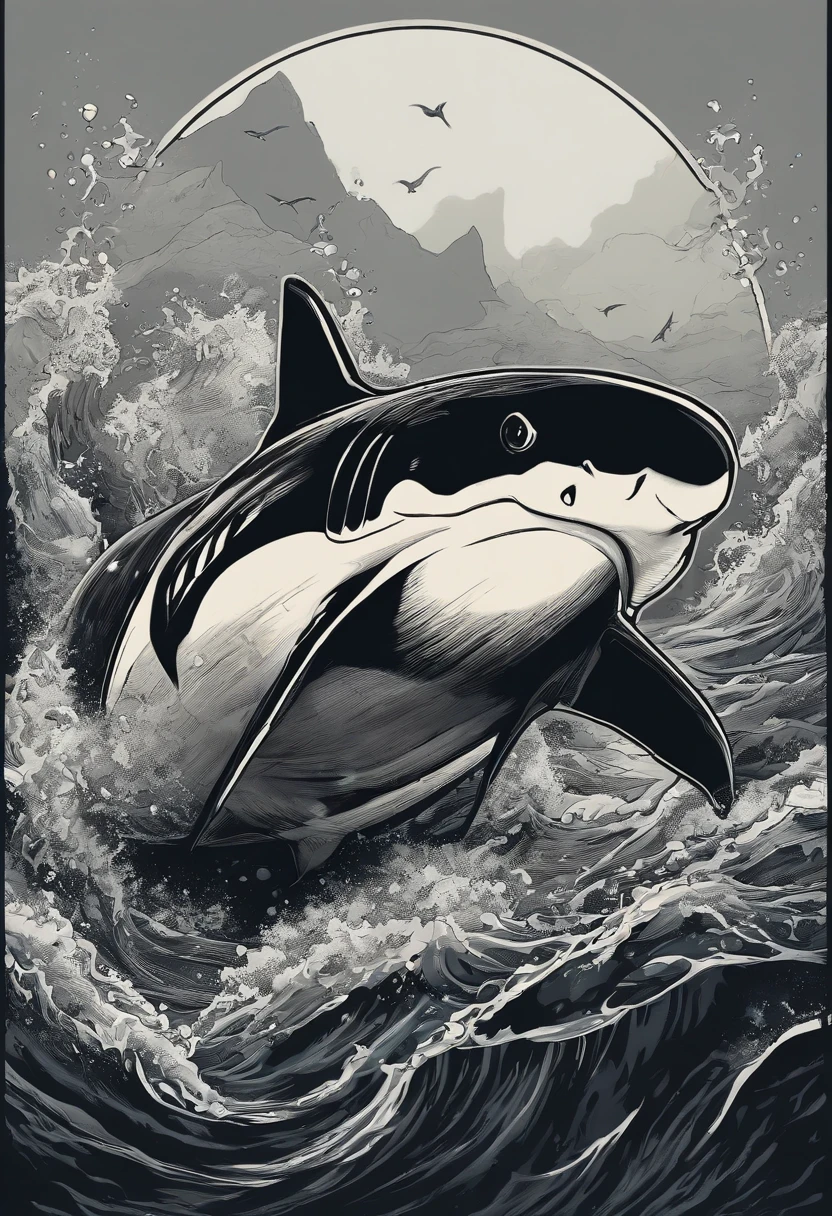/Imagine Prompt: Shark illustration for a sticker with black background, en negrita, bordes dentados, Trashcore, sombreado claro --v 5.2