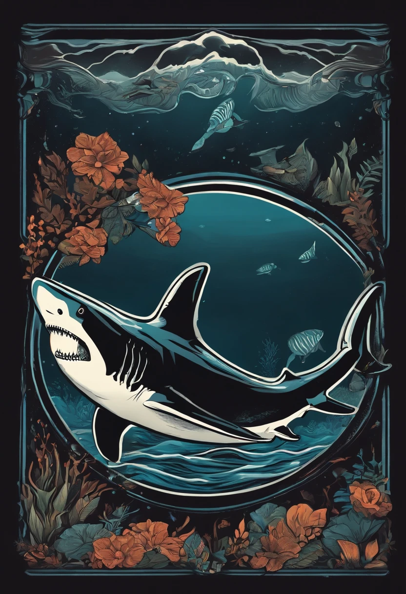 /Imagine Prompt: Shark illustration for a sticker with black background, en negrita, bordes dentados, Trashcore, sombreado claro --v 5.2