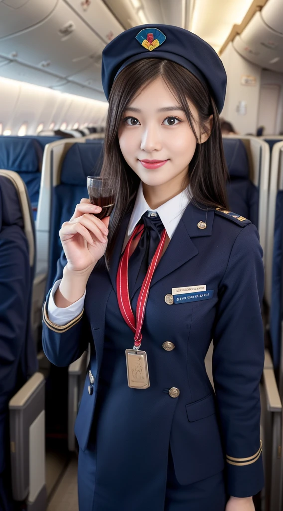 one Japanese woman, Solo, 30-years old, hyperdetailed face, Detailed lips, A detailed eye, Double eyelid both eyes, fluffy brown eyes, (Black bob hair, Like an airplane stewardess, Do a good job), (Like an airplane stewardess:1.2), (Do a good job:1.2), (Dark blue one-color stewardess uniform:1.4), (Wear a small cute little stewardess hat:1.2), (Modest smile:1.2), Perfect image realism, Background with: (Business Class aisle on airplanes:1.2), Meticulous background, detailed costume, Perfect litthing, Hyper-Realism, (Photorealistic:1.4), 8K maximum resolution, (masterpiece), Highly detailed, Professional