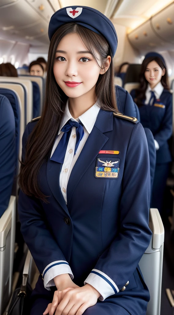 one Japanese woman, Solo, 30-years old, hyperdetailed face, Detailed lips, A detailed eye, Double eyelid both eyes, fluffy brown eyes, (Black bob hair, Like an airplane stewardess, Do a good job), (Like an airplane stewardess:1.2), (Do a good job:1.2), (Dark blue one-color stewardess uniform:1.4), (Wear a small cute little stewardess hat:1.2), (Modest smile:1.2), Perfect image realism, Background with: (Business Class aisle on airplanes:1.2), Meticulous background, detailed costume, Perfect litthing, Hyper-Realism, (Photorealistic:1.4), 8K maximum resolution, (​masterpiece), Highly detailed, Professional