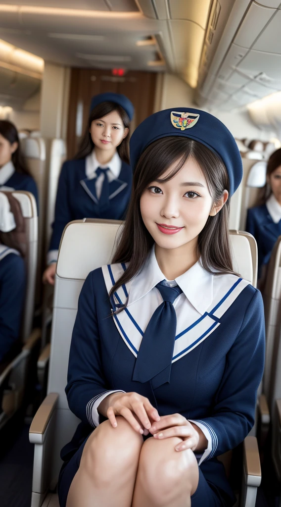 one Japanese woman, Solo, 30-years old, hyperdetailed face, Detailed lips, A detailed eye, Double eyelid both eyes, fluffy brown eyes, (Black bob hair, Like an airplane stewardess, Do a good job), (Like an airplane stewardess:1.2), (Do a good job:1.2), (Dark blue one-color stewardess uniform:1.4), (Wear a small cute little stewardess hat:1.2), (Modest smile:1.2), Perfect image realism, Background with: (Business Class aisle on airplanes:1.2), Meticulous background, detailed costume, Perfect litthing, Hyper-Realism, (Photorealistic:1.4), 8K maximum resolution, (masterpiece), Highly detailed, Professional