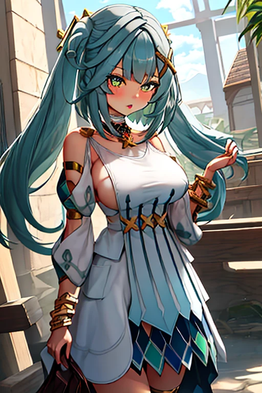 Best quality at best, tmasterpiece, A high resolution, Alone, {Mount Faro_the original god:1.15}, dual horsetail, By bangs, long_the hair, the hair_decorations, Akwa_the hair, X_the hair_decorations, Green_The eye, jewely, nedium breasts, bangle, small_nedium breasts, symbolic shape_pupils, Upp_body, 1个Giant Breast Girl, Bare bare_bshoulders, a skirt, lookingat_Show on the_peeping at the viewer, Broke up_cparted lips, short_the sleeve, The white_a skirt