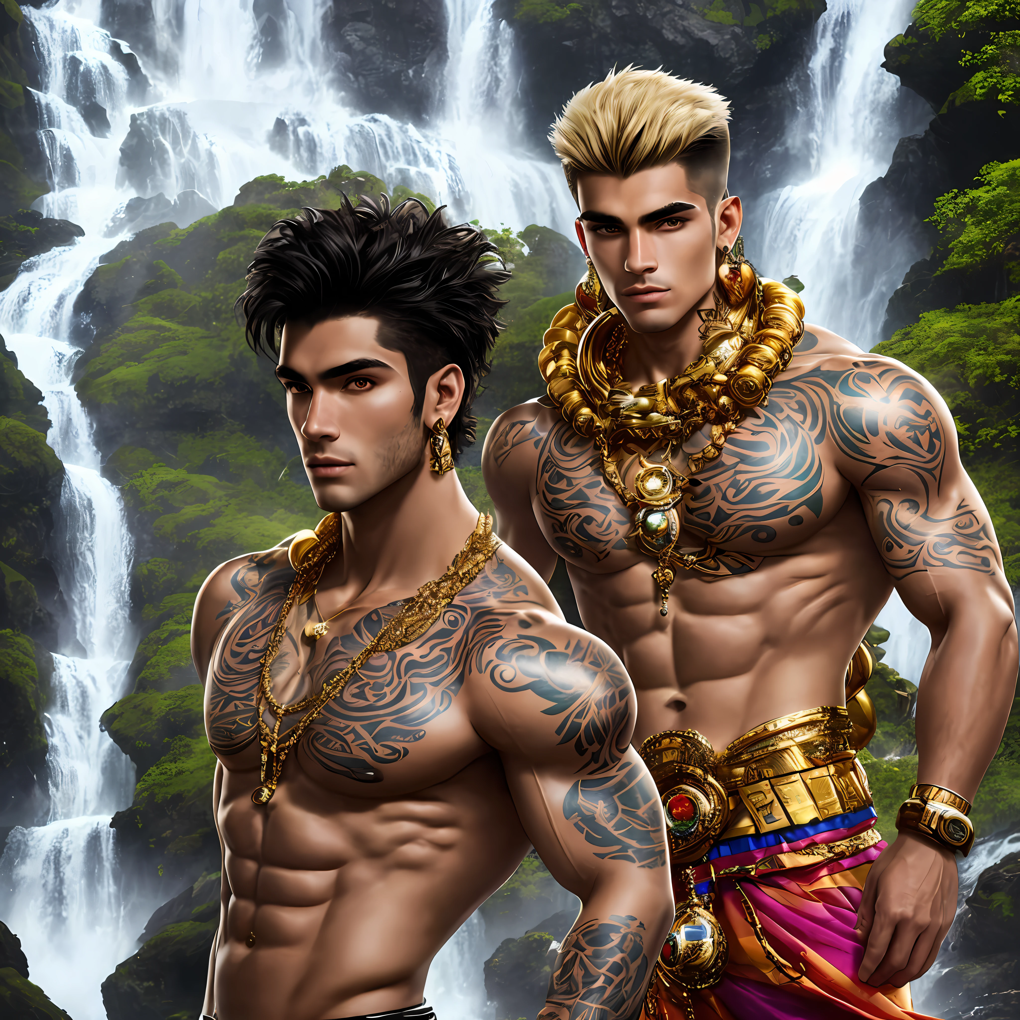 fking_scifi, fking_scifi_v2, portrait of a young, muscular extremely handsome and attractive Brazilian male model, in front of a waterfall, short windy hair, hairy tattooed body, colorful clothing and golden jewelry, close up, regal pose and attitude. fking_cinema_v2.
