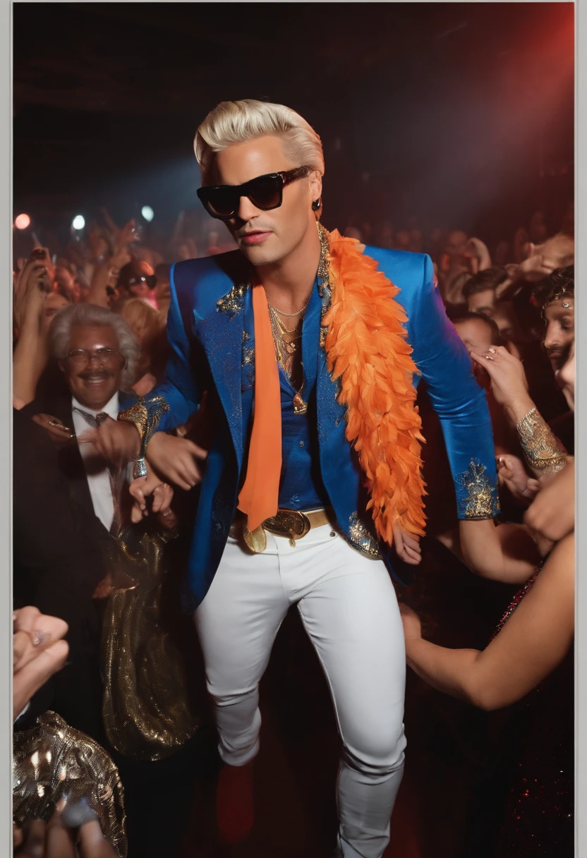 A video of Zane leading a group of fans in a wild dance-off on the stage at a crowded nightclub.,original,a flamboyant and notorious DJ, is known for his ostentatious style, often sporting flashy designer outfits, oversized sunglasses, and a constantly changing, bold hairdo, making him a conspicuous figure in the party circuit. His appearance screams excess and indulgence, matching his larger-than-life persona that’s constantly documented and flaunted on social media., male