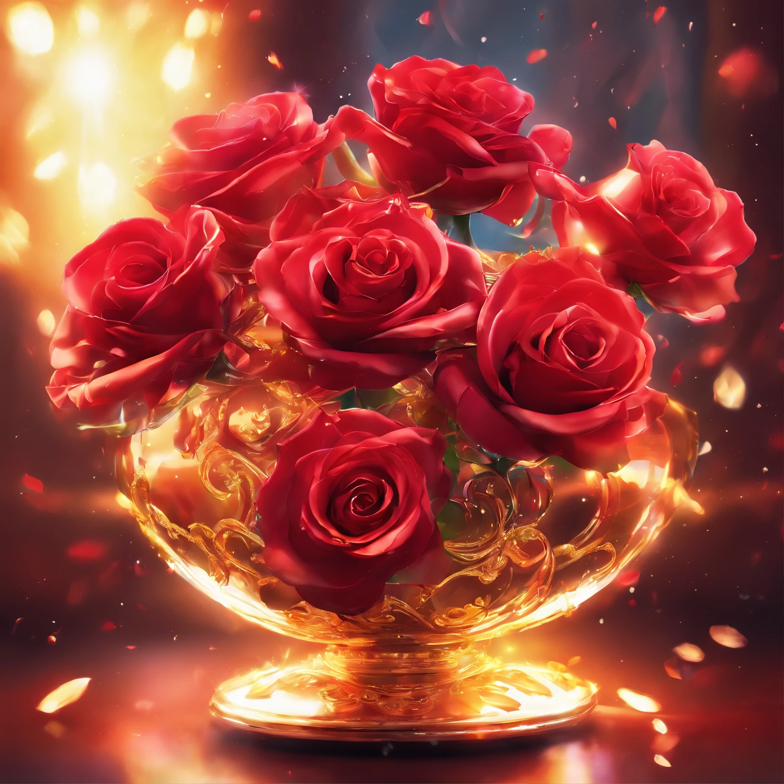 RED roses , super transparent, holy light, golden bowl, beautiful spectral light, petals glowing, dark background, drops of transparent light, reflective light, bright, light streaming in, optics, portrait profile, sharp focus, magical, intricate, ultra-realistic, fantasy, composition, light, trend on artstation, pearl, patronus 8k, ureal ar 23v4 uplight
