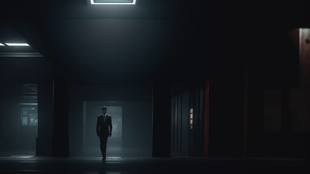 Wallpapers showing the game's open screen,The game style is horror escape game,Combination Simulation Horror,Uncanny Valley and other elements,and merge《Silent Hill》art style,The scene is a subway station,dressed in a suit,The fearful protagonist is hiding from a vague but tall humanoid monster in the distance among the crowd whose faces are unclear..