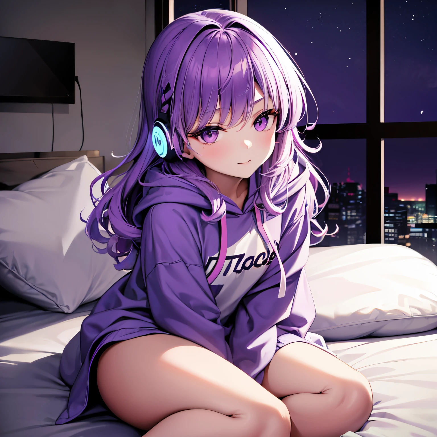 top-quality, hight resolution, 8K images,best qualtiy,hight resolution、A woman who is cute no matter who sees her、Tsundere、Highly detailed CG Unity 8K wallpapers,1girl in, 独奏, Violet hair, アニメ少女独奏、 Absolute area、Looking at the camera、(Illustration ratio:1.1)、is standing、Inside the girl's room、parka、short pants、relax、hight resolution、foco nítido、