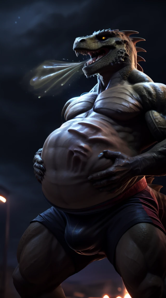 A lizard man with a full belly, muscular, vore, imprint on belly, bulge, illustration, (best quality, 4k, highres, masterpiece:1.2), ultra-detailed, realistic, horror, sharp focus, vivid colors, nighttime lighting, burping up an object, motion lines,