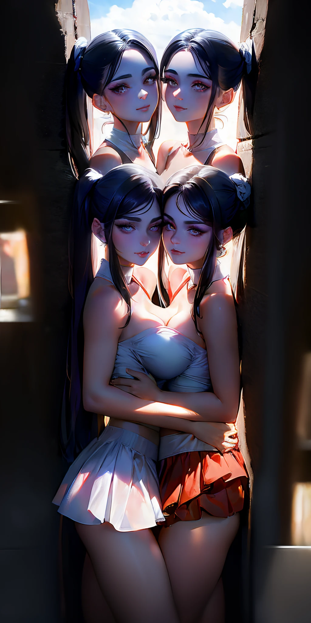 nsfw, Masterpiece, top quality, highly detailed, (chiaroscuro style:1.4), (realistic style:0.8), backlighting, two beautiful girls, young beautiful mature lesbian couple,
(Completely naked:1.8),
sweaty bare skin,
(put their faces together and shyly smile at the camera:1.2), upper body shot,
Close-up of their naked bust, at the tropical beach in dark sunset under palm trees, 

