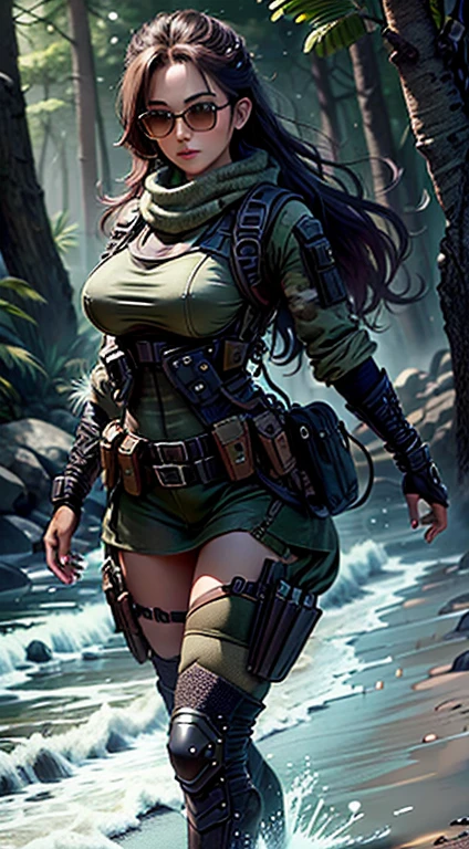 1 mulher, 25 anos, Segure um enorme fuzil de assalto, capacete de guerra, roupa camuflada, Melhores seios sexy, tactical vest athletic leg holster car boot scarf bora and glasses, cintura fina, traje estilo guerra golfo, completo, farda camuflada, riqueza de detalhes, calcinha apertada marcando na frente, pelos dourados, corpo inteiro, sombreado, head to feet, arma no coldre, na floresta