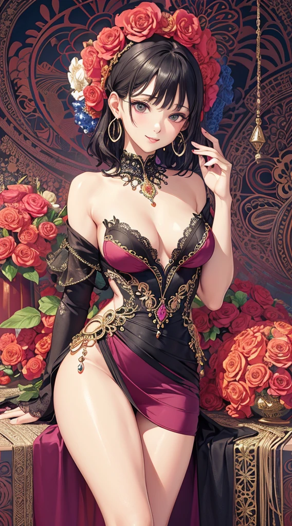 A female with medium breasts, slim body, tempting body, nice bare leg, bare arm, cleavage, bare shoulders, black medium short hair, curly, silk bed, silk garment, silk ornament, night lighting, flowers, feathers, particles, light rays, (masterpiece, top quality, best quality, official art, beautiful and aesthetic:1.2), (1girl:1.3), extremely detailed,(fractal art:1.1),(colorful:1.1)(flowers:1.3), highest detailed,(zentangle:1.2), (sexy sit pose), (abstract background:1.3), (shiny skin), (many colors:1.4), (earrings:1.4), (tight short dress:1.2), (shiny skin), (many colors:1.4), (earrings:1.4), sexy eyes, innocent, smile, sweet, beautiful, attractive body, gorgeus, pink blush, waiting.