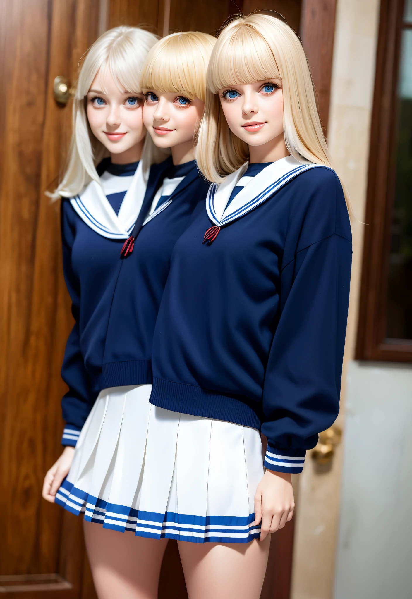 (masterpiece, best quality), best resolution, (2heads:1.5), 1girl, sailor suit, school uniform, beautiful beauty of the world, shiny shiny and firm glossy skin, glossy highlights on the cheeks, bangs between the eyes, shiny silky super long and straight beautiful platinum blonde, eyeliner, sexy and beautiful 18 years old, big beautiful bright light blue eyes, beautiful and nice girl, large breasts, mini skirt