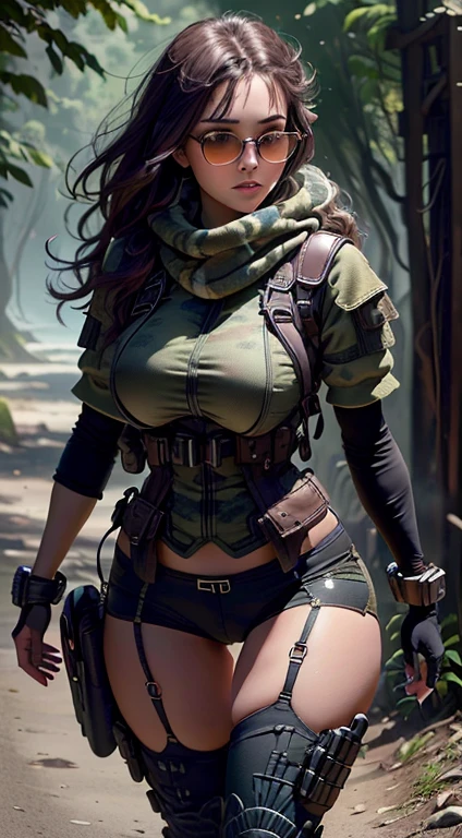1 mulher, 25 anos, Segure um enorme fuzil de assalto, capacete de guerra, roupa camuflada, Melhores seios sexy, tactical vest athletic leg holster car boot scarf bora and glasses, cintura fina, traje estilo guerra golfo, completo, farda camuflada, riqueza de detalhes, calcinha apertada marcando na frente, pelos dourados, corpo inteiro, sombreado, head to feet, arma no coldre, na floresta