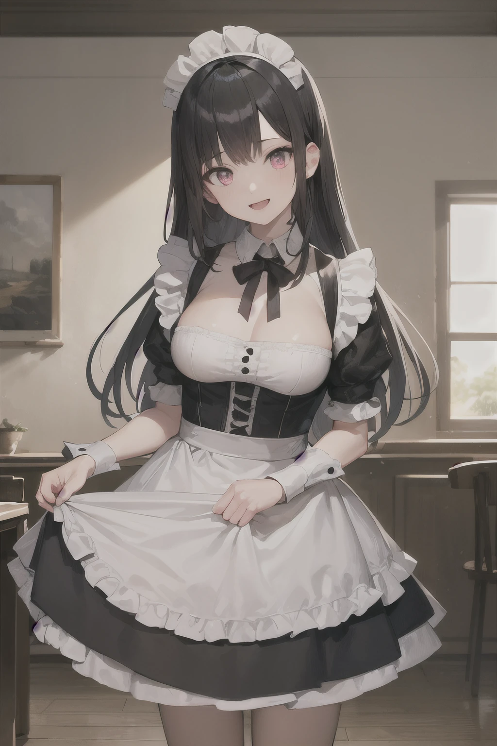 solo girl, 20 years old, looking at viewer, long hair, black hair, pink eyes,head tilt,happy,large breasts, maid,indoors, western style house,masterpiece,  High resolution,  Extremely detailed,  Detailed background,  Perfect Lighting