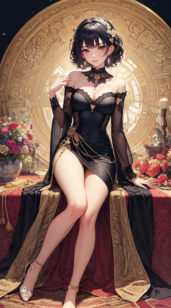 A female with medium breasts, slim body, tempting body, nice bare leg, bare arm, cleavage, bare shoulders, black medium short hair, curly, silk bed, silk garment, silk ornament, night lighting, flowers hair piece, feathers, particles, light rays, (masterpiece, top quality, best quality, official art, beautiful and aesthetic:1.2), (1girl:1.3), extremely detailed,(fractal art:1.1),(colorful:1.1)(flowers:1.3), highest detailed,(zentangle:1.2), (sexy sit pose), (abstract background:1.3), (shiny skin), (many colors:1.4), (earrings:1.4), (tight short dress:1.2), (shiny skin), (many colors:1.4), (earrings:1.4), sexy eyes, innocent, smile, sweet, beautiful, attractive body, gorgeus, pink blush, waiting.