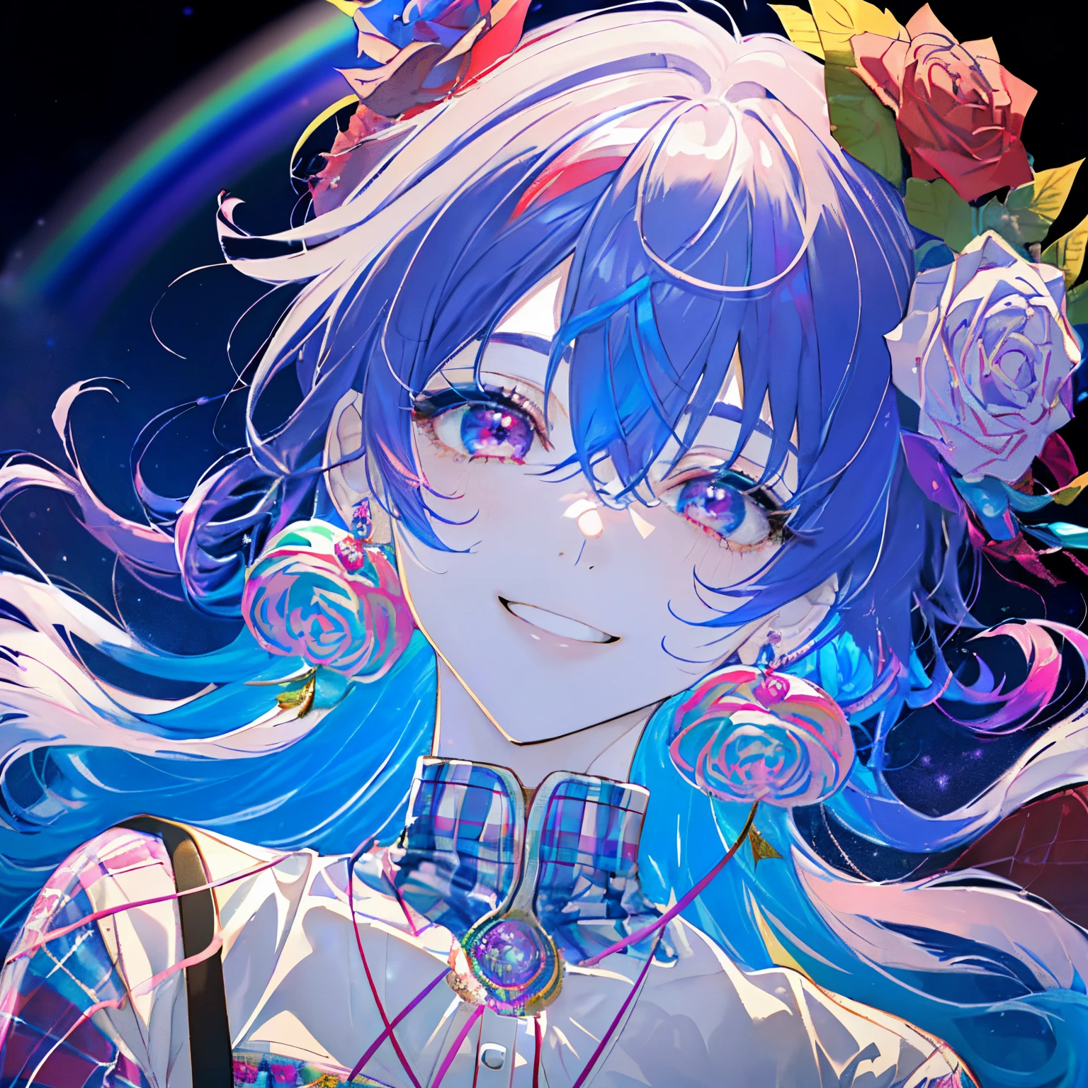 ((colorful rainbow hair)),((Shorthair)),((Curled Hair)),(huge smile),((Eyes with a mixture of colorful colors)),(plaid long sleeve tops),Slight red tide,((Put your hands on your face)),((Her eyes are sparkling.)),((Covered with rainbow colorful roses)),(((close up of face))),((Collars and necklaces decorated with roses)),(extra large moonlit night),((Late night outdoor)),(The whole thing is enveloped in a faint light),((Perspective from above)),((Smile with your mouth wide open)),((boy)),