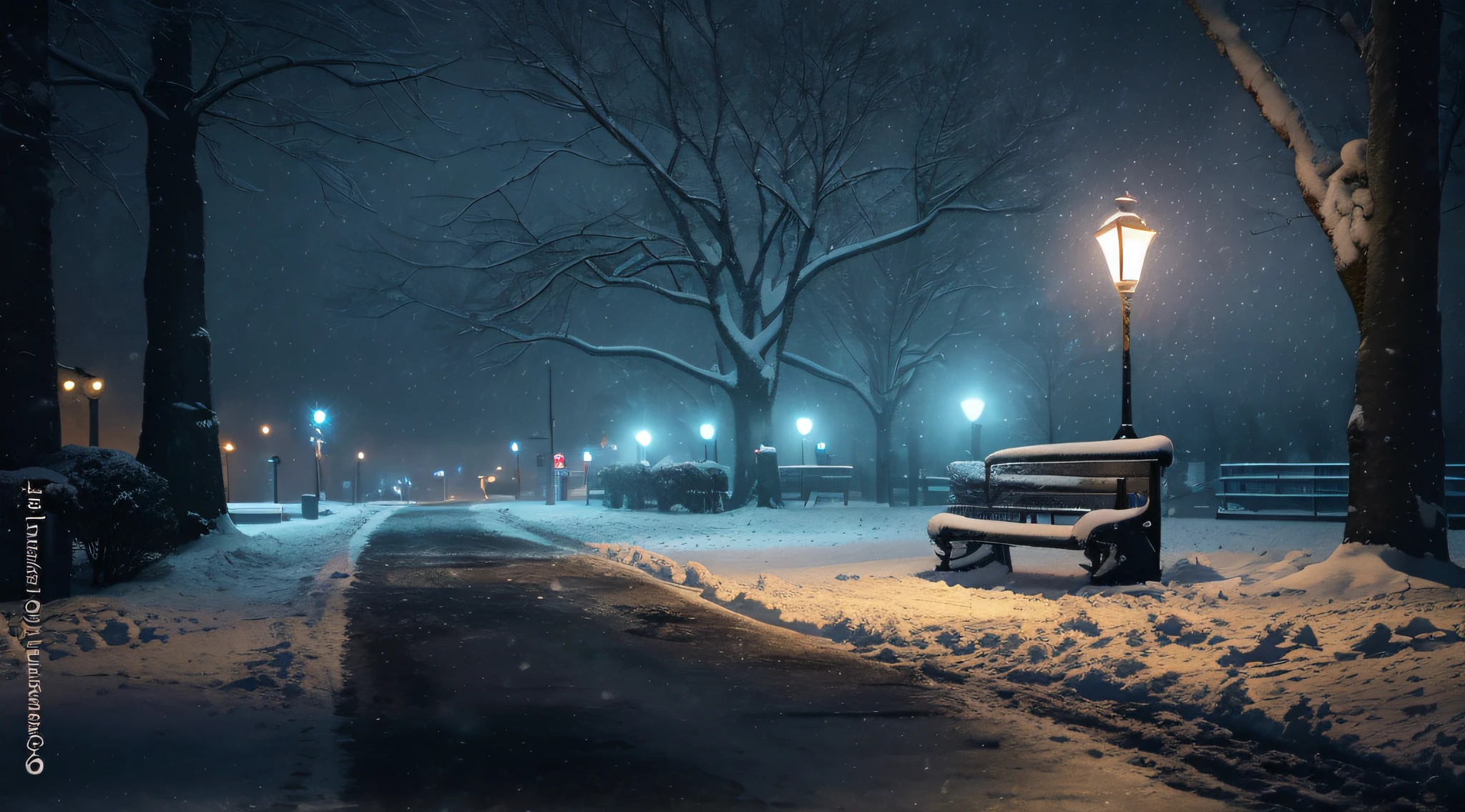 snowy night scene with bench and street light in park, snowfall at night, snowy night, atmospheric cold lighting, perfect lighting in a snow storm, winter night, moody night time scene, cinematic 4 k wallpaper, cinematic 4k wallpaper, winter atmosphere, kramskoi 4 k, fotografia, winter park background, best on adobe stock, snowy winter christmas night, dark winter evening