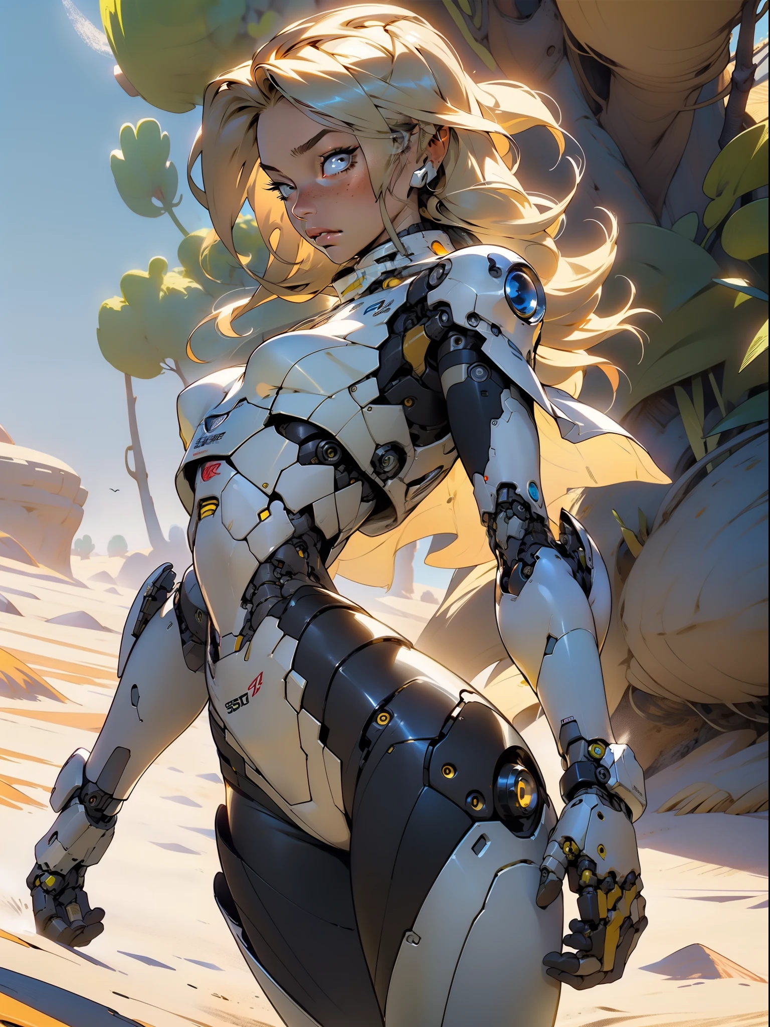 high quality, 4k, masterpiece, beautiful, cyborg girl, cowboy shot, dull eyes, back side, turning around to look at viewer, long blonde hair, girl, small breasts, fit thighs, robotic arms, robotic body, cyborg body, yellow accent, yellow, intricate detail, joint, detailed lines, robotic detail, holding fist up, holding hand up as fist, color robotic parts, robotic parts with color, perfect fingers, on a desert planet, sunny background, colorful desert,