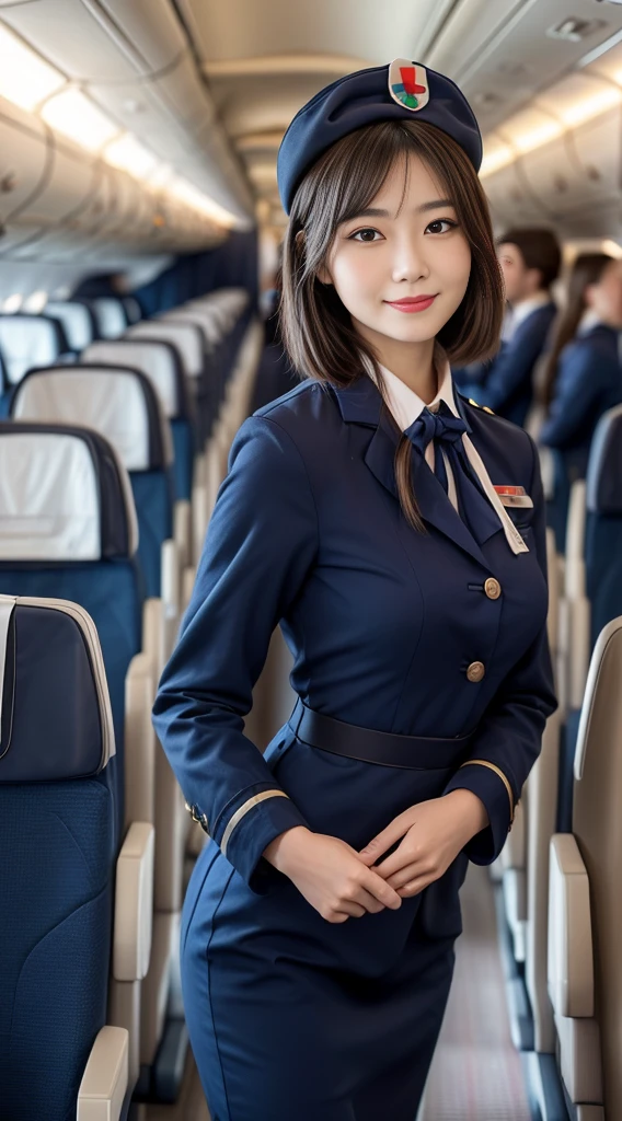 one Japanese woman, Solo, 30-years old, hyperdetailed face, Detailed lips, A detailed eye, Double eyelid both eyes, fluffy brown eyes, (Black bob hair, Like an airplane stewardess, Do a good job), (Like an airplane stewardess:1.2), (Do a good job:1.2), (Dark blue one-color stewardess uniform:1.4), (Wear a small cute little stewardess hat:1.2), (Modest smile:1.2), Perfect image realism, Background with: (Business Class aisle on airplanes:1.2), Meticulous background, detailed costume, Perfect litthing, Hyper-Realism, (Photorealistic:1.4), 8K maximum resolution, (​masterpiece), Highly detailed, Professional