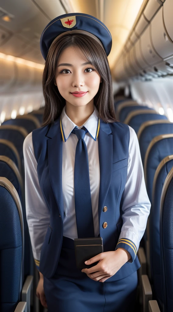 one Japanese woman, Solo, 30-years old, hyperdetailed face, Detailed lips, A detailed eye, Double eyelid both eyes, fluffy brown eyes, (Black bob hair, Like an airplane stewardess, Do a good job), (Like an airplane stewardess:1.2), (Do a good job:1.2), (Dark blue one-color stewardess uniform:1.4), (Wear a small cute little stewardess hat:1.2), (Modest smile:1.2), Perfect image realism, Background with: (Business Class aisle on airplanes:1.2), Meticulous background, detailed costume, Perfect litthing, Hyper-Realism, (Photorealistic:1.4), 8K maximum resolution, (masterpiece), Highly detailed, Professional